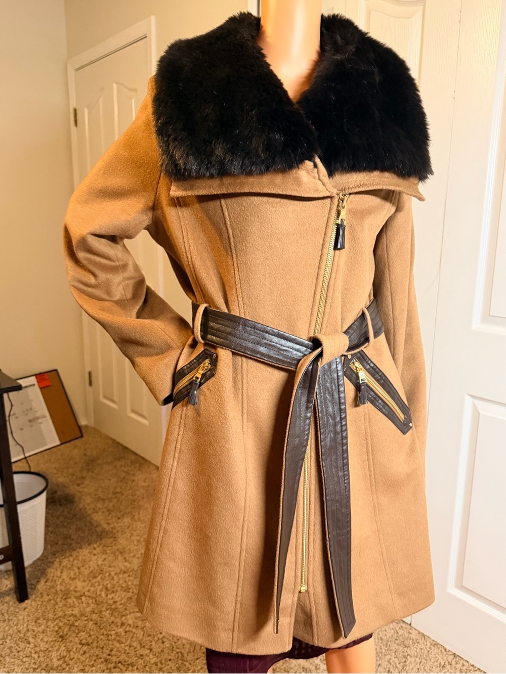 Via Spiga Camel Trench Coat with Black Faux Fur Collar and Dark Brown Belt